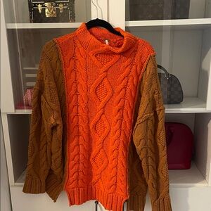 Free People Vibrant Orange and Brown Semi-Turtleneck Wool & Cotton Sweater